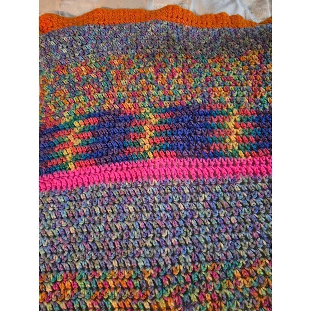 Vintage Handmade Colorful Space Dye Afghan Knit Crochet Throw Blanket Cottage Gr